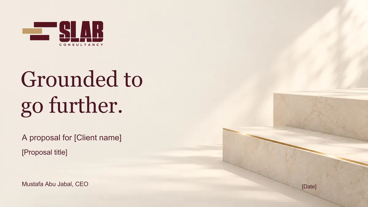 Cover slide of the Slab pitch deck template reading Grounded to go further